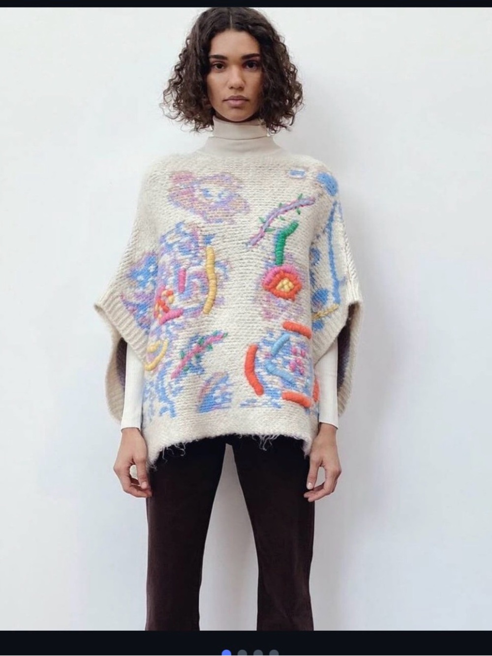 Zara Cream Floral Embroidered Poncho with Multicolor Accents